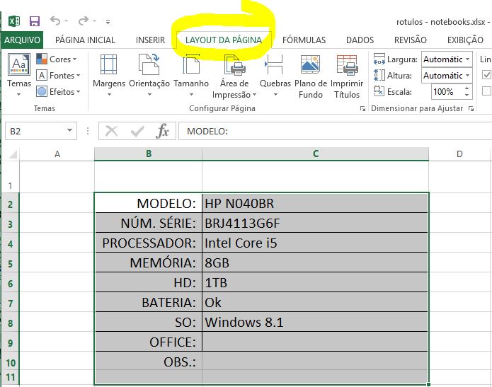 layout da página no excel