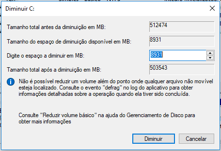 diminuir espaço disponível