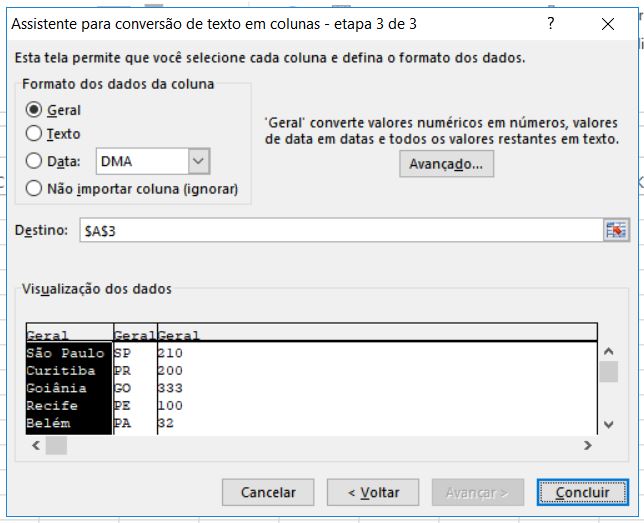 assistente de conversão de colunas do excel