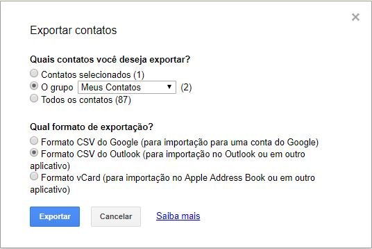 exportar contatos no gmail