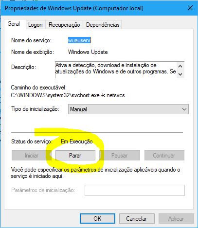 parar serviços do windows 10