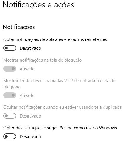 notificações e ações