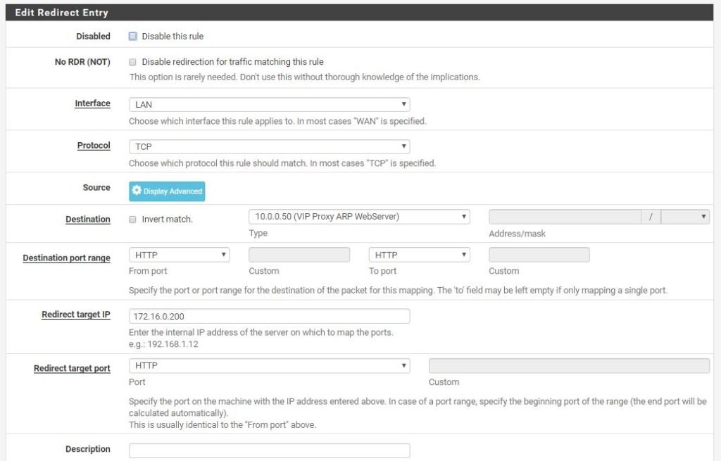 edit redirect entry pfsense