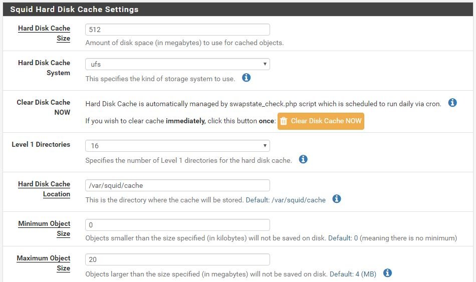 squid hard disk cache setting pfsense