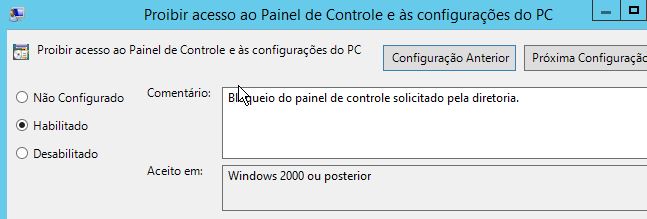 proibir acesso ao painel de controle