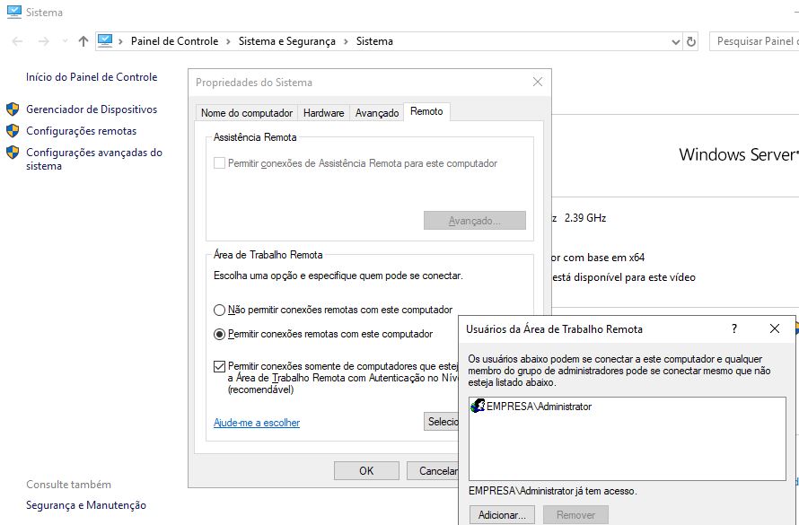 painel de controle do windows server