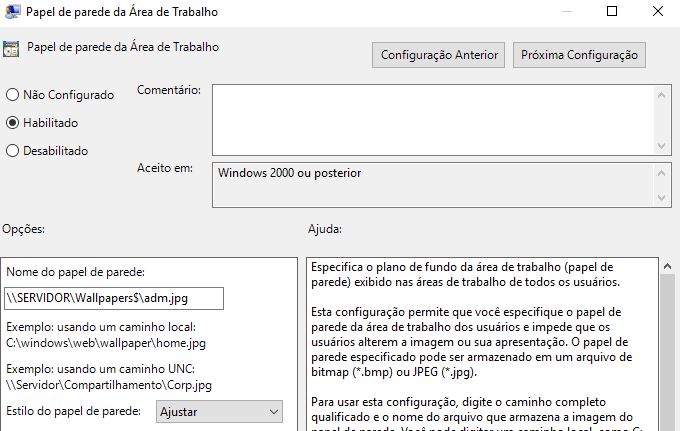 caminho papel parede windows server