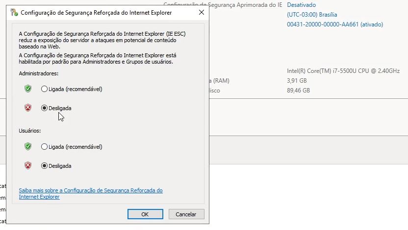 configuração de segurança do ie