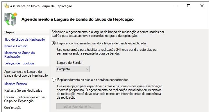 agendamento e largura de banda do grupo de replicação windows server