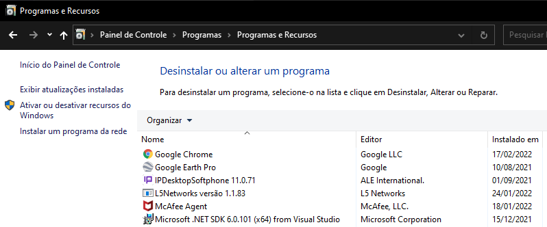 Programas e recursos do Windows