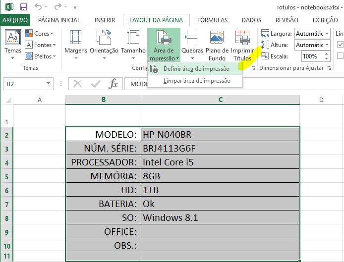 área de impressão excel