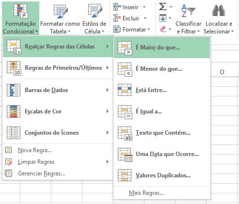 realçar regras das células excel