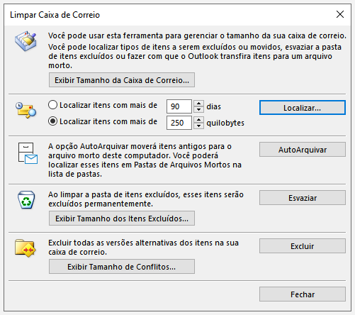 limpar caixa de correio outlook