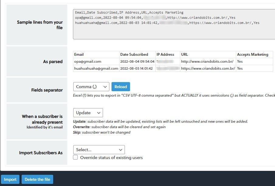 importar lista e-mail csv
