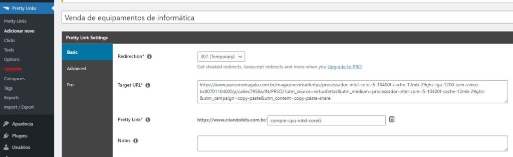 pretty link plugin redirecionamento