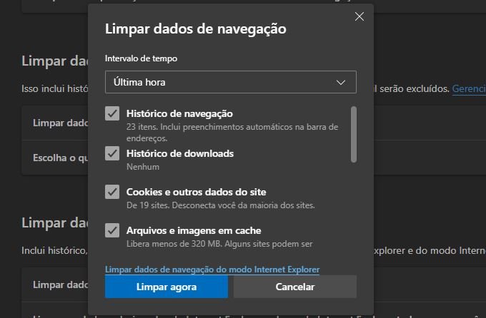 limpeza cache navegador edge