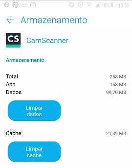 limpeza de cache e dados de aplicativos