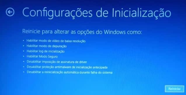 tela inicial de configurações de inicialização do windows