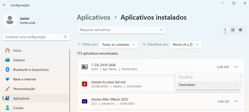 desinstalar aplicativos do windows