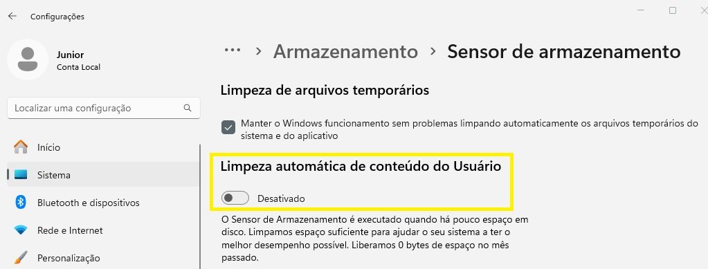 sensor de armazenamento do windows