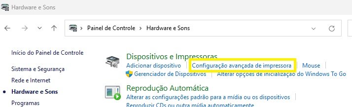 windows configuração avançada de impressoras