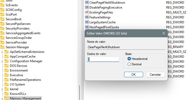 registro do windows ClearPageFileAtShutdown
