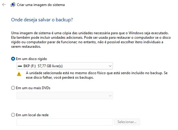 windows criação de imagem de recuperação