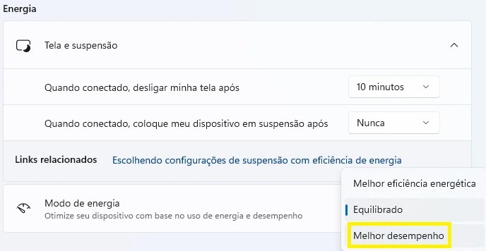 configurações de energia do windows