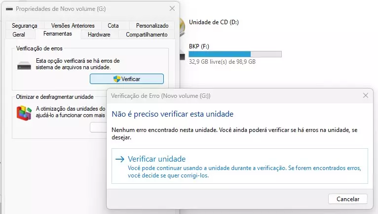 windows verificar erros em unidades