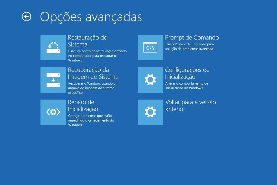 opções avançadas de reparo do windows