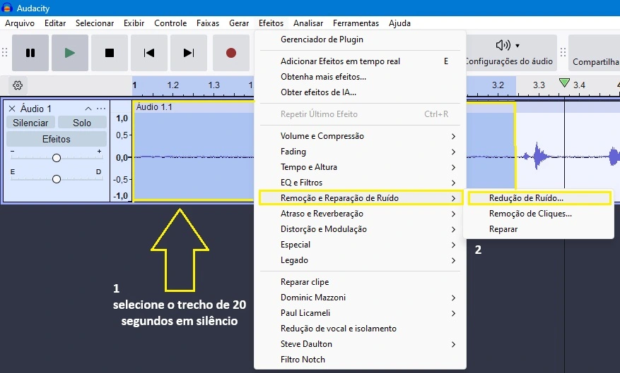redução de ruídos no audacity