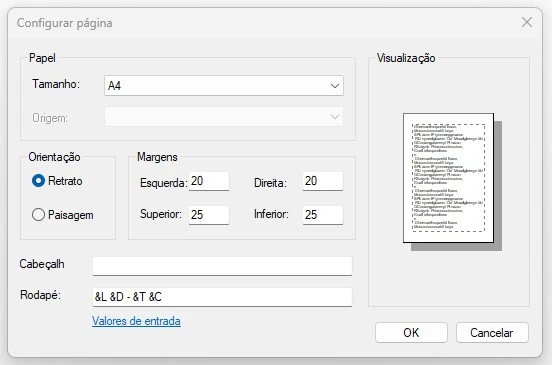 configurar impressão no bloco de notas