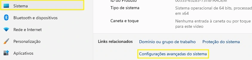 configurações avançadas do sistema