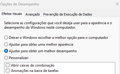 opções de desempenho do windows