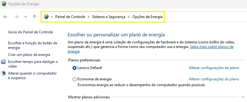 opções de energia do windows