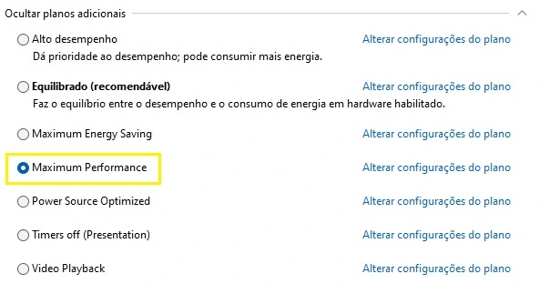 plano de energia de alto desempenho do windows