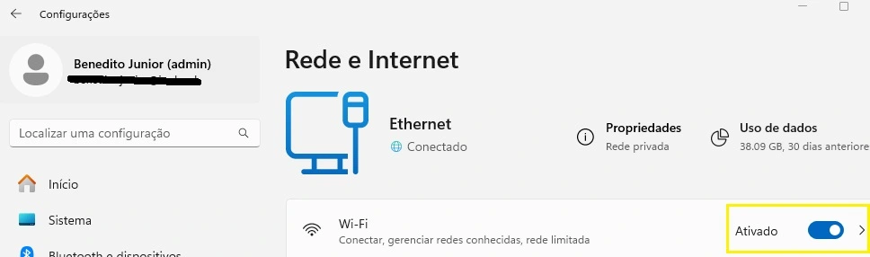 ativação da rede sem fio no windows 11
