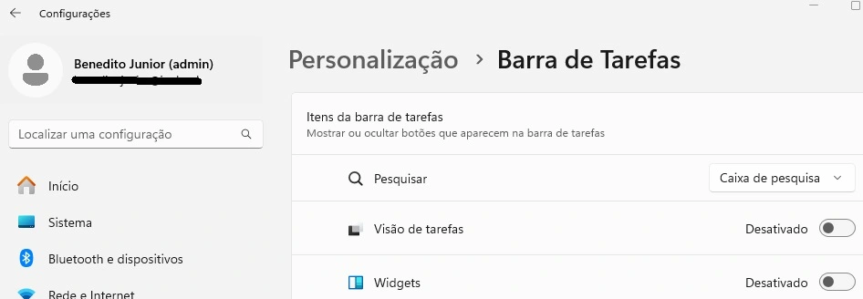 configuração da barra de tarefas do windows 11