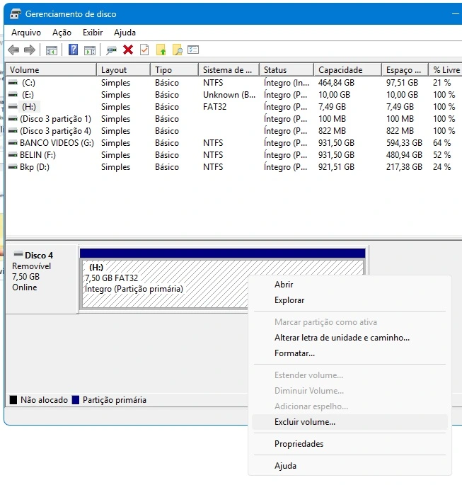 gerenciador de boot - excluir volume