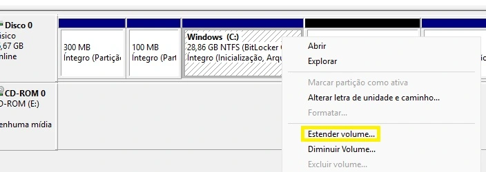gerenciado de disco windows extender c