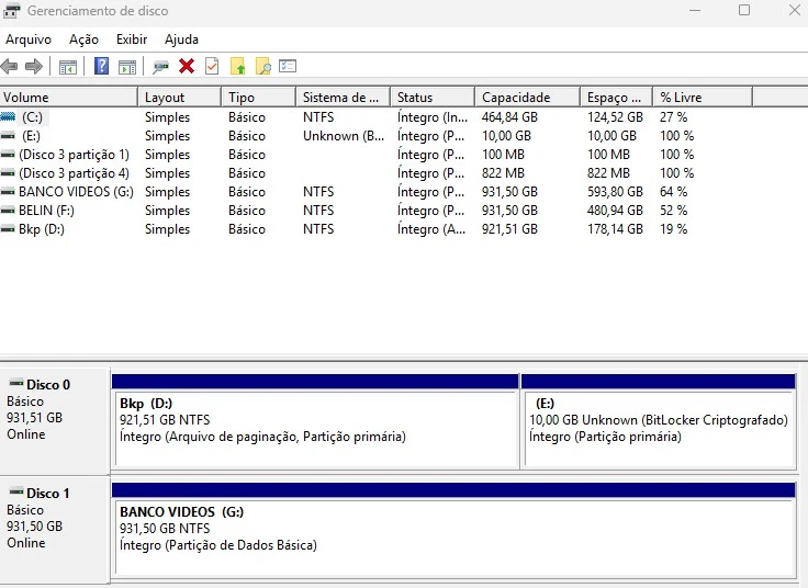 gerenciamento de disco windows unidades
